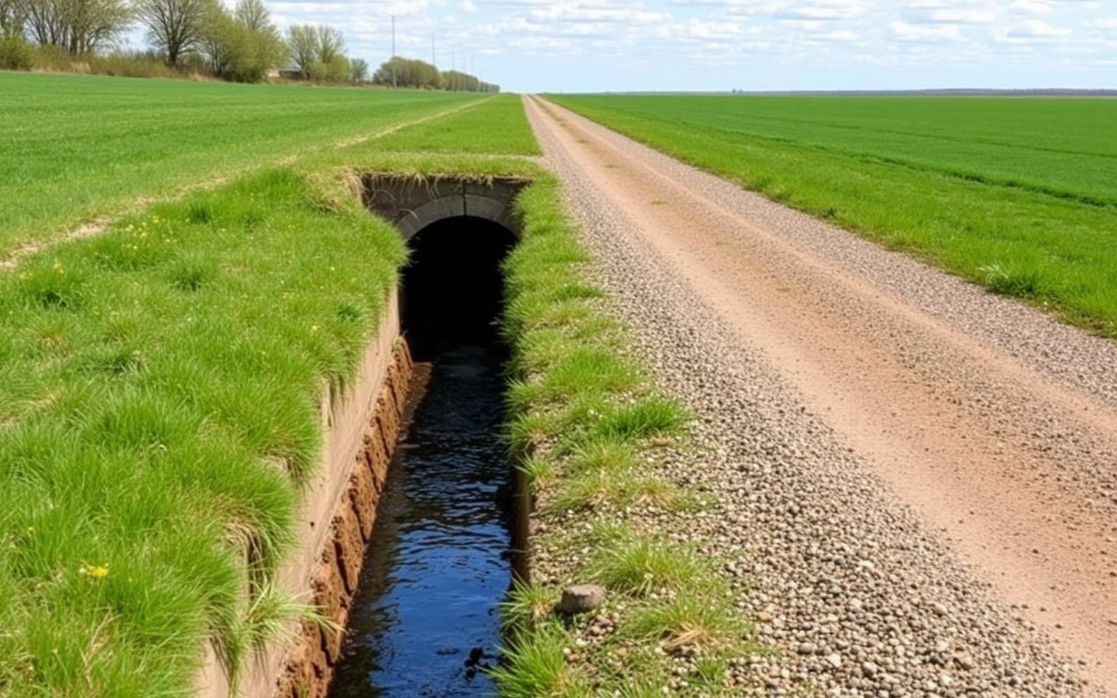 A culvert and drainage ditch beside a gravel municipal road in spring